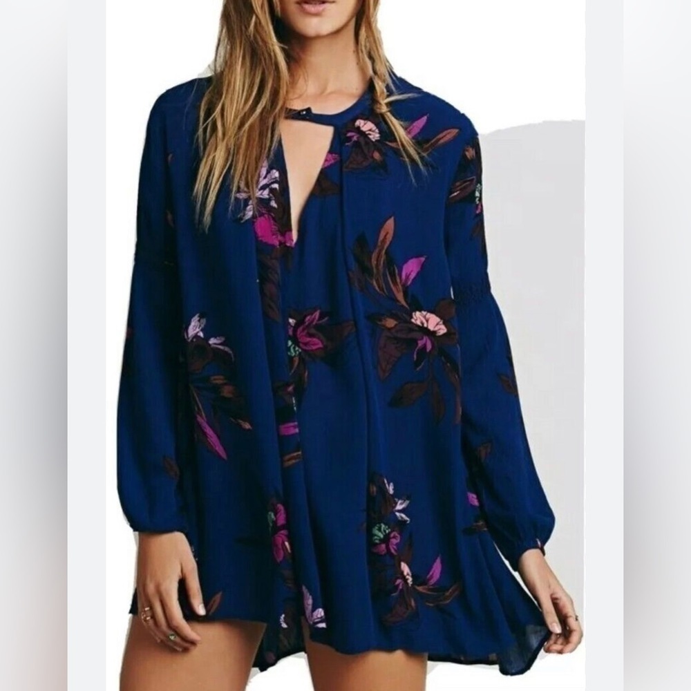 Free people blue floral woman’s long sleeve swing bohemian cottagecore dress MED